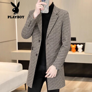 花花公子（PLAYBOY）毛呢大衣男士秋冬新款潮牌中長款風衣外套西裝領(lǐng)加厚冬裝休閑披風 咖色中長款毛呢大衣 M