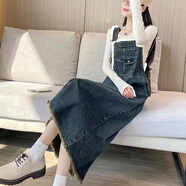 紫尋套裝時(shí)尚洋氣女裝復古牛仔背帶裙女2024新款高腰顯瘦中長(cháng)款 復古藍背帶 S 【建議85-100斤】