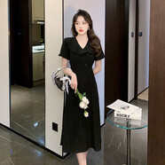 品彩夏季法式復古V領荷葉邊大翻領短袖連衣裙女純色通勤 P132Q1317