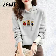 ZGWT輕奢高檔品牌小熊連帽衛(wèi)衣女寬松春秋新款時尚外套百搭加絨上衣服 連帽-灰色【不加絨】-三只小熊 XL 碼【建議110-120斤】