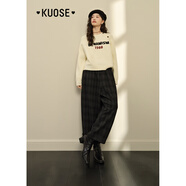 闊色（kuose）黑灰色復(fù)古格子寬松闊腿休閑褲女秋冬新款九分褲長褲子 黑灰色 27/M