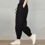 Lauaird 300斤超大碼九分休閑褲女春秋新款胖mm工裝褲顯瘦燈籠褲束腳褲女 黑色 3XL 160-190斤