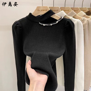 伊離姿鏤空針織衫女泡泡袖毛衣掛脖露肩洋氣獨特別致上衣半高領(lǐng)打底衫女 黑色 2XL