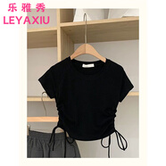 樂(lè)雅秀辣妹速干褶皺抽繩工裝裙女歐美春夏復(fù)古寬松休閑后開(kāi)叉中長(zhǎng)半身裙 黑色【上衣】 2XL 建議【130-150】