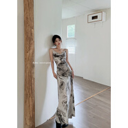 GUOCILRN新中式水墨畫吊帶連衣裙女裝2025夏季扎染修身裙子包臀魚尾長(zhǎng)裙子 圖片色 M