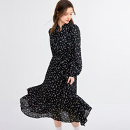 樂(lè )町V領(lǐng)碎花長(cháng)裙20千金風(fēng)遮肉顯瘦長(cháng)袖裙黑色雪紡裙 彩色印花（預售） XS