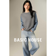 Basic House/百家好針織牛仔拼接針織衫女秋冬簡(jiǎn)約時(shí)尚休閑百搭套頭毛衣格雷 淺灰 L 125-140斤