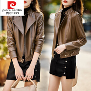 皮爾卡丹（pierre cardin）針織海寧皮衣女2025年秋裝新款立領(lǐng)修身皮外套皮褲兩件裝 咖啡套裝【皮衣+皮褲裙】 M 【建議90-100斤】