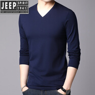 吉普（JEEP）純棉T恤男短袖夏季雞心領(lǐng)V領(lǐng)打底衫純白色無領(lǐng)小衫尖領(lǐng)低領(lǐng)汗衫 藏青色【長*袖】 M 165