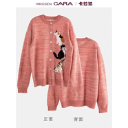 卡拉貓（HIKOSEN CARA）長袖圓領(lǐng)毛衣襯衫紐扣寬松日本貓咪女針織衫 淺朱紅 165/92A