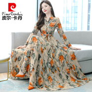 皮爾卡丹（pierre cardin）雪紡長袖連衣裙女春秋裝2025年新款顯瘦大擺長裙到腳踝超長款氣質(zhì) 橙色 【赫本風(fēng)連衣裙/2022女裝/ S