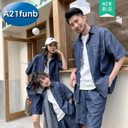 A 21 FUNB炸街親子裝一家三口牛仔襯衫套裝母子夏季薄款短袖洋氣母女兩件套 藍色【2件套】 165 (M) 【重111-130斤】成人