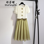 舒芳蝶（shufangdie）盤扣國風(fēng)新中式連衣裙套裝女夏季2025新款旗袍改良上衣仙女半身裙 綠色 M