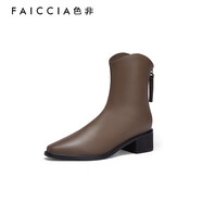 色非尖頭后拉鏈氣質(zhì)牛仔靴女款靴子秋冬季新款粗跟黑色顯瘦女鞋D597I 灰色 35