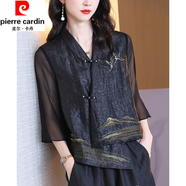 皮爾卡丹（pierre cardin）香云紗真絲上衣女夏季盤(pán)扣設計感中國風(fēng)網(wǎng)紗小開(kāi)衫短外套國潮襯衫 黑色 (少量) 3XL 【建議130-150斤】