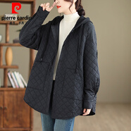 皮爾卡丹（pierre cardin）時(shí)尚菱形格連帽輕薄棉服女秋冬大碼胖mm寬松百搭?yuàn)A棉棉衣外套棉襖 黑色 L【建議100-140斤】