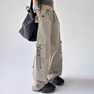 均垚美式傘兵工裝褲女褲夏季女褲子小個(gè)子薄款寬松闊腿褲休閑褲速干褲 抽繩工裝褲-卡其 M 【建議105-115斤】