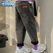 迪士尼（Disney）男童加絨牛仔褲2023冬新款兒童一體絨褲子中大童男孩加厚長(cháng)褲潮 灰色男童加絨牛仔褲 140