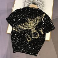 boy潮牌短袖滿天星燙金潑墨風(fēng)老鷹半袖男女款情侶休閑寬松純棉T恤 黑色滿天星 L 140-160斤