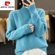 皮爾卡丹（pierre cardin）100純羊|絨衫女秋冬保暖加厚大尺碼毛衣半高領(lǐng)套頭打底衫加厚羊| 湖藍色 2XL 130-140斤