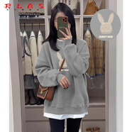 RLAS鯊魚(yú)褲搭配的衛(wèi)衣棉體恤女遮臀假兩件長(zhǎng)款長(zhǎng)袖t恤女遮屁股上衣 灰色(杏色兔子)【加絨加厚】 XL 125-145斤