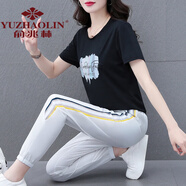 俞兆林媽媽裝冰絲運動套裝夏裝女2024新款夏天跑步服休閑短袖七分褲兩 黑色[長褲套裝] M (建議80-95斤)