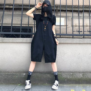 WVSW 香港潮牌2022年新款夏季薄款休閑背帶褲短褲女時(shí)尚文藝百搭寬松顯瘦闊腿五分連體褲 黑色 L（建議120-140斤）