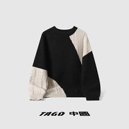 TAGD中國(guó) 冬季復(fù)古撞色不規(guī)則拼接圓領(lǐng)針織衫休閑寬松毛衣男女同款 黑色 L (建議身高175-180)