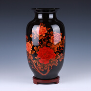 悅靈美 景德鎮陶瓷現代新中式家居紅牡丹花瓶插花擺件大號客廳電視柜裝飾品酒柜瓷器擺件 水晶釉黑色牡丹冬瓜瓶+木底座