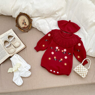 A 21 FUNB嬰兒衣服秋裝新生兒包屁衣女寶寶連體衣滿(mǎn)月百天哈衣周歲禮服春秋 酒紅色繡花哈衣+連褲襪+貝雷帽 90 cm