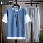 JEEP SPIRIT夏季冰絲青少年短袖t恤男高中初中學(xué)生寬松運(yùn)動套裝帥氣一套衣服 藍(lán)色上衣+灰色長褲 XL 120-135斤