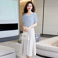 川朗連衣裙女2025夏季新款女裝小個(gè)子雪紡遮肚子氣質(zhì)減齡兩件套裙子 蘭色+米白色 L （105斤-120斤）