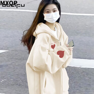 MXQP純棉連帽開(kāi)衫衛衣女2025春秋冬新款寬松設計感小眾拉鏈外套女潮 K2290愛(ài)心杏色春秋款重磅純棉 M 【100-115斤】