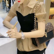 亞貝梵名媛風(fēng)假兩件雪紡襯衫女2021春秋韓版拼接POLO領(lǐng)顯瘦白色襯衣上衣 咖色短袖 2XL 建議130-140