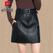 皮爾卡丹（pierre cardin）半身裙女2025新款海寧高腰顯瘦a字裙秋冬短裙綿羊皮時(shí)尚皮裙 黑色 L (28碼)
