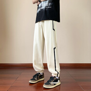 AEMAPE側(cè)邊條紋拼接寬松休閑褲男士夏季薄款潮流牌寬松百搭束腳九分褲子 78米白黑 M 推薦90-105斤