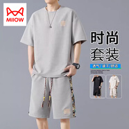 貓人（MiiOW）冰絲休閑套裝男夏季運動(dòng)短褲寬松短袖t恤潮流百搭兩件套 02灰色【冰絲套裝】 XL