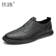俠路皮鞋男時尚休閑潮流百搭男鞋秋季真牛皮英倫復古個性男士低幫一腳蹬懶人鞋 黑色 41（偏大一碼）