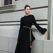 生活在左【林棲作品】立體褶皺毛織上衣復古優(yōu)雅多色秋季新款長(cháng)袖針織衫女 黑色 S