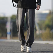 至濤 褲子男夏季牛仔褲直筒寬松薄款復古闊腿美式高街復古休閑長褲子 灰（皮帶款） XL ( 建議110-130斤可穿 )