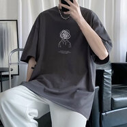 嘉曄短袖t恤男2024夏季新款五分袖t恤男裝衣服港風潮牌冰絲半袖男體恤 T123線帽小人深灰色 S【60-70斤】