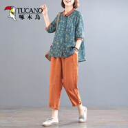 啄木鳥(niǎo)棉麻套裝女夏季中國(guó)風(fēng)文藝復(fù)古大碼寬松顯瘦兩件套薄款洋氣媽媽裝 藍(lán)色套裝 XL 115-130斤