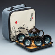 建盞功夫茶具套裝家用窯變天目釉茶杯茶壺茶盤(pán)陶瓷鈞窯沙金泡茶器 (沙金釉美人壺)旅行套裝-四方條紋黑