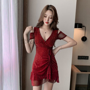 堂峻夜店女裝2022夏季新款深V低胸修身包臀短裙荷葉邊夜場(chǎng)性感連衣裙 酒紅色 2XL