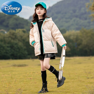 迪士尼女童服2025新款兒童韓版洋氣輕薄連帽白鴨絨免洗加厚短款外套 米白色 160cm 建議身高150-155