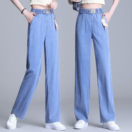 雨澤倫（YUZELUN）天絲牛仔闊腿褲子女夏季超薄高腰冰絲長褲寬松顯瘦九分加長直筒褲 藍色 3XL 建議體重135-150斤