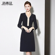 海青藍（CYANINE SEA）2024秋季新款重工彩色釘珠小香風(fēng)連衣裙氣質(zhì)V領(lǐng)顯瘦連衣裙慵懶風(fēng) 藏藍色 S