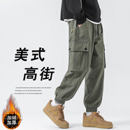頂峰保羅（Dingfengbaoluo）工裝褲男款冬季加絨束腳褲寬松潮牌休閑長褲男 FK6603 軍綠色3XL