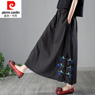 皮爾卡丹（pierre cardin）棉麻半身裙女2024夏裝新品文藝民族風復古亞麻刺繡寬松A字裙長裙 黑色 L 【建議116-130斤】