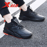 特步（XTEP）男鞋運動(dòng)鞋男秋冬男款休閑鞋皮面防潑水跑鞋透氣復古跑步鞋子男 黑-皮面減震 42
